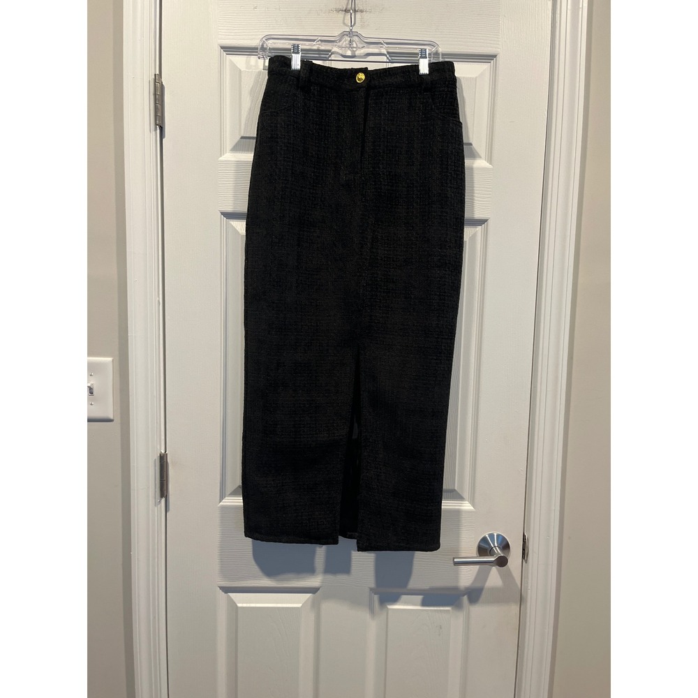Moon River Black Tweed Textured Midi Skirt Gold Button Front Slit Small